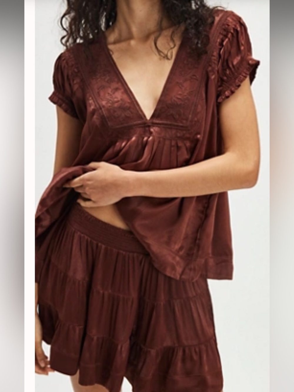 Free People Satin Lace-Trim Skirt Set